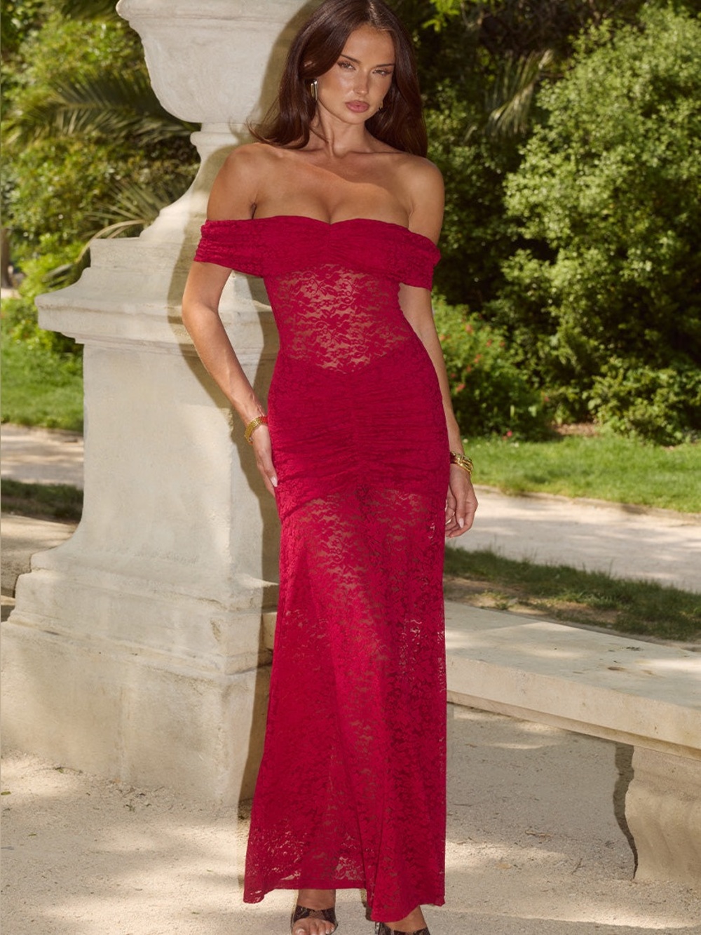 Runaway the Label Off-Shoulder Lace Maxi Dress in Berry - Picture 4 of 10